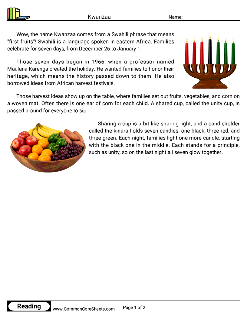 2nd Grade 25 Days of Christmas Reading - Kwanzaa worksheet