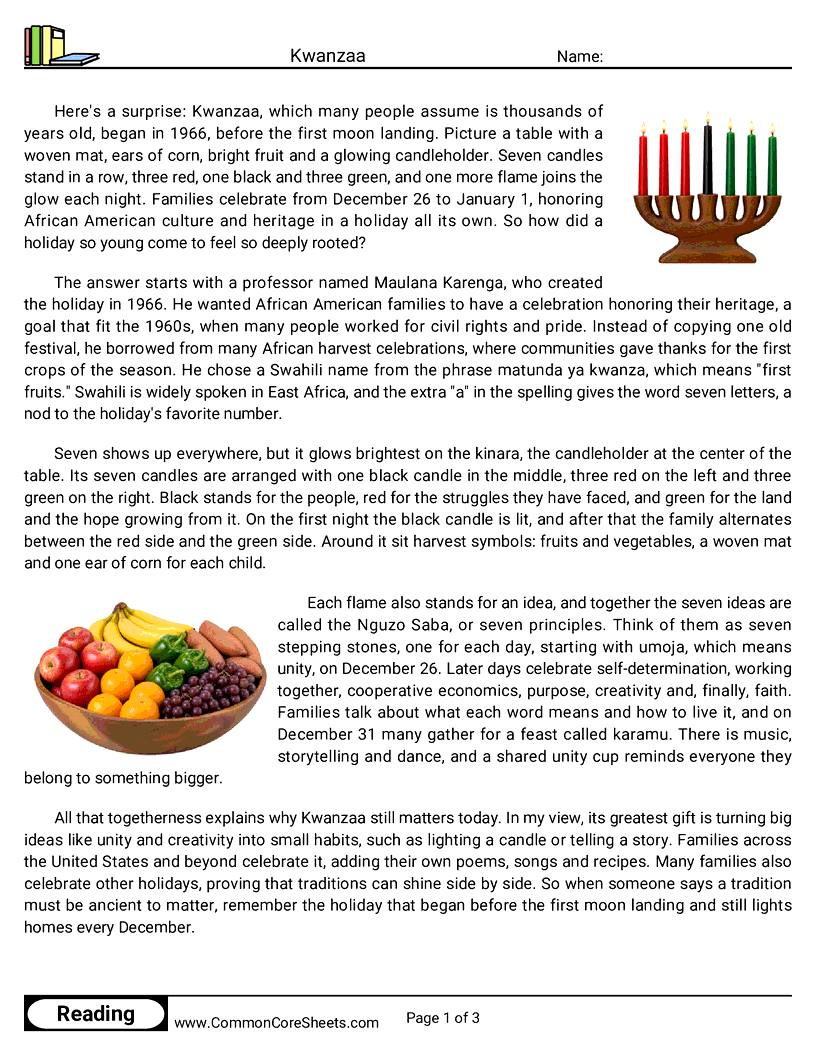 6th Grade 25 Days of Christmas Reading - Kwanzaa worksheet