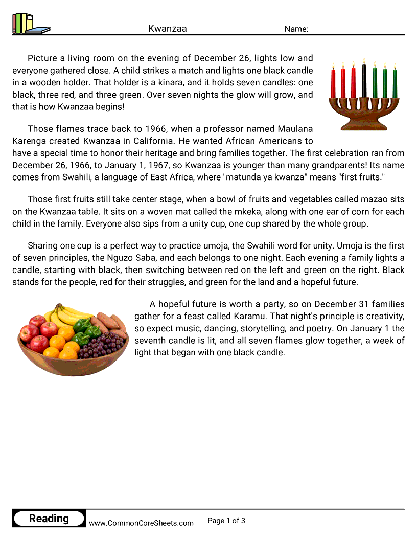 25 Days of Christmas Reading - Kwanzaa worksheet