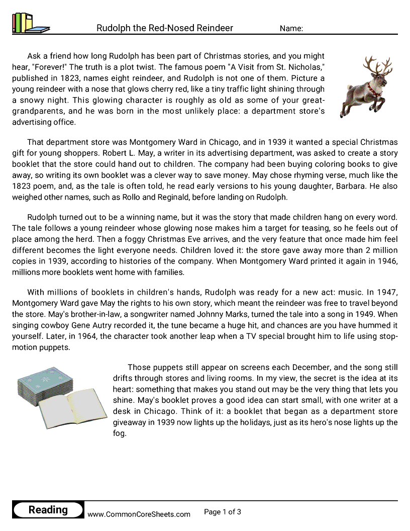 6th Grade 25 Days of Christmas Reading - Rudolph the Red-Nosed Reindeer worksheet