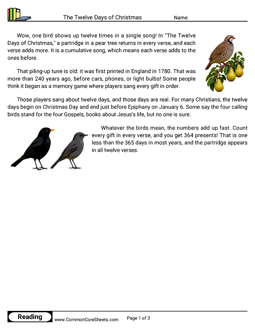 2nd Grade 25 Days of Christmas Reading - The Twelve Days of Christmas worksheet