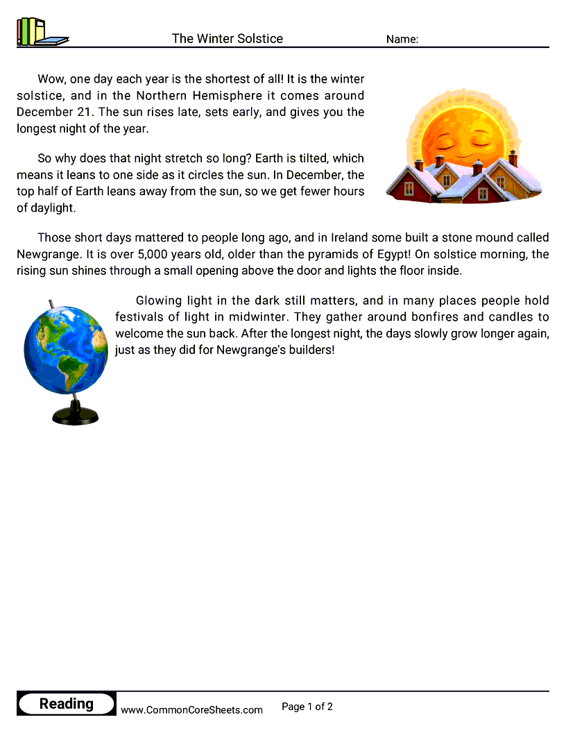 2nd Grade 25 Days of Christmas Reading - The Winter Solstice worksheet