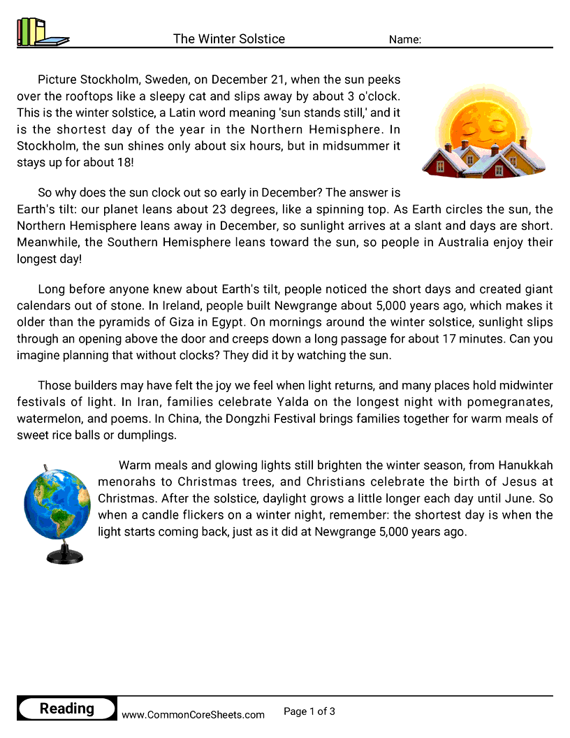 4th Grade 25 Days of Christmas Reading - The Winter Solstice worksheet