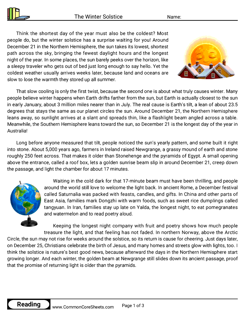 6th Grade 25 Days of Christmas Reading - The Winter Solstice worksheet