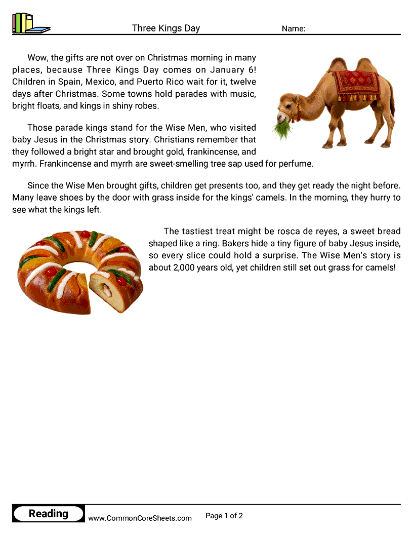 2nd Grade 25 Days of Christmas Reading - Three Kings Day worksheet