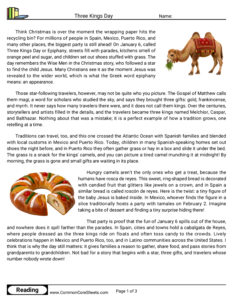 6th Grade 25 Days of Christmas Reading - Three Kings Day worksheet