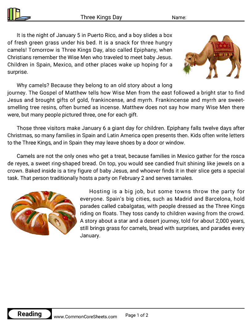 25 Days of Christmas Reading - Three Kings Day worksheet