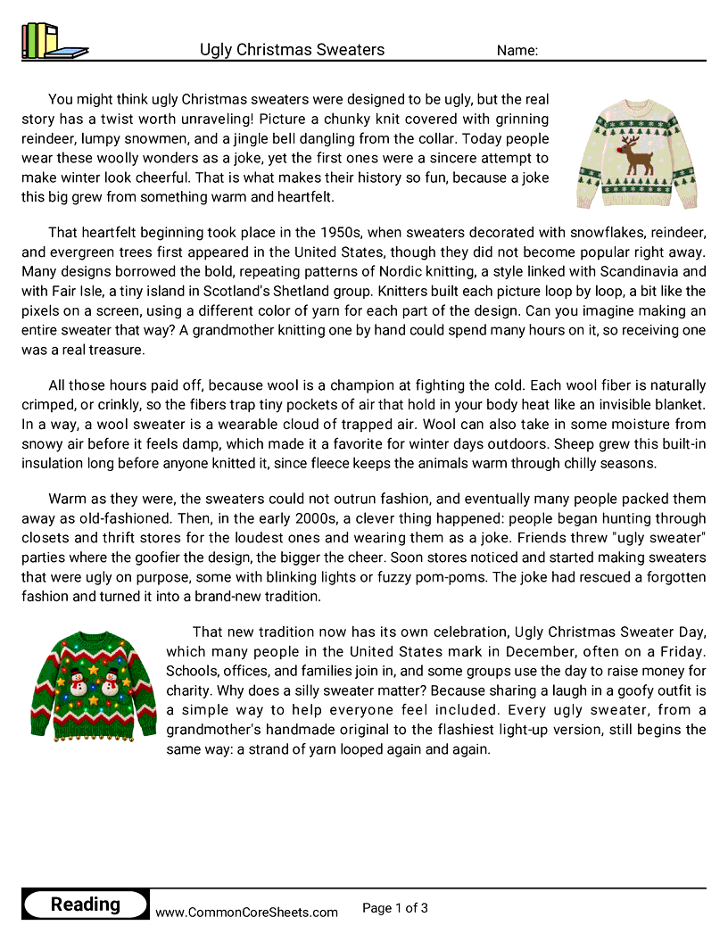 6th Grade 25 Days of Christmas Reading - Ugly Christmas Sweaters worksheet