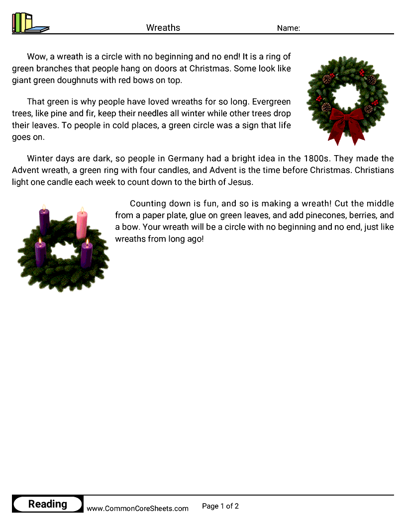 2nd Grade 25 Days of Christmas Reading - Wreaths worksheet