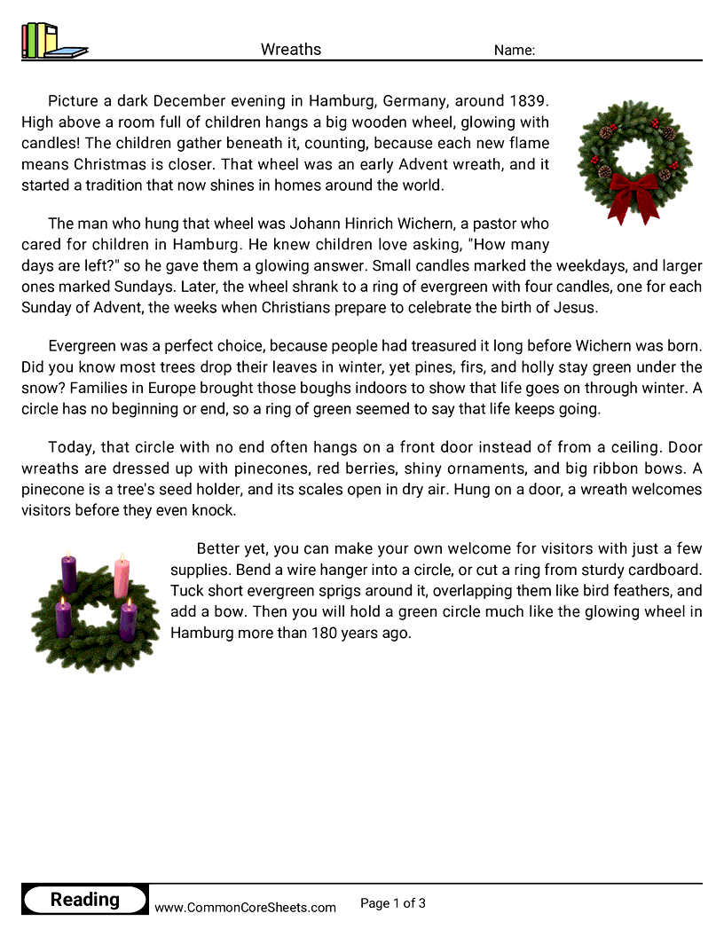4th Grade 25 Days of Christmas Reading - Wreaths worksheet