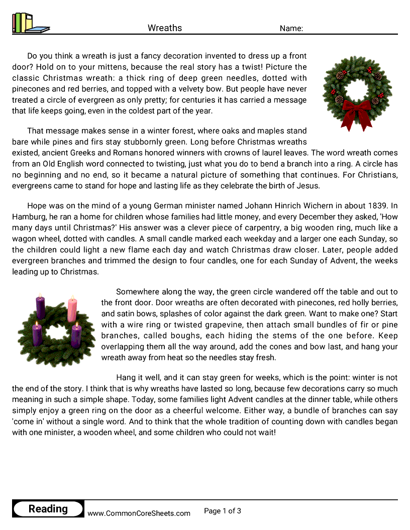 6th Grade 25 Days of Christmas Reading - Wreaths worksheet