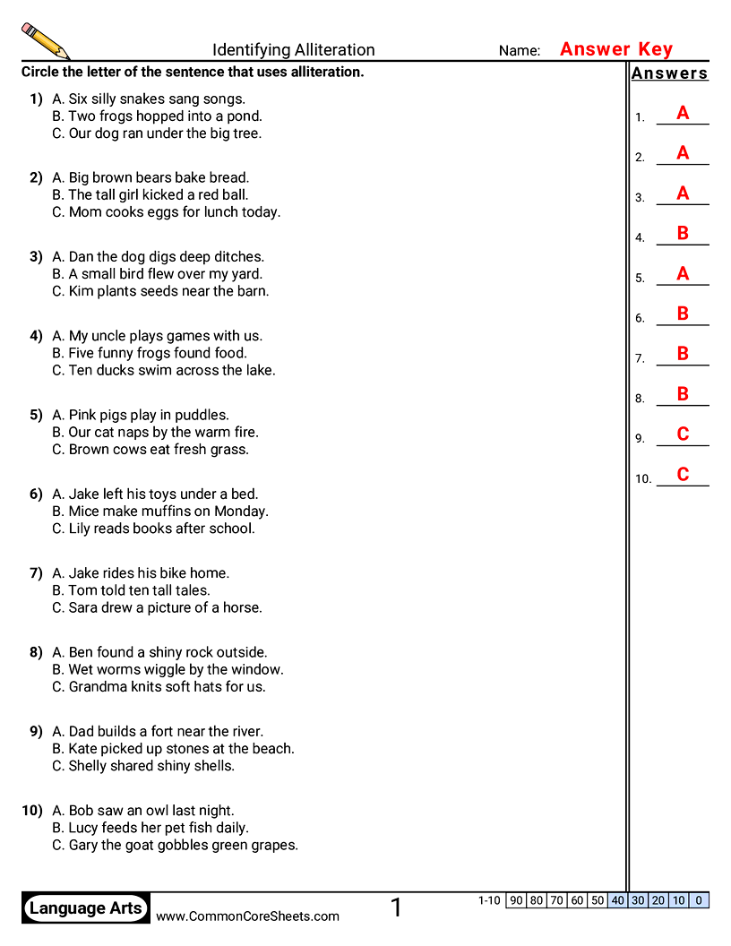 2nd Grade Vocabulary Worksheets - Identifying Alliteration worksheet