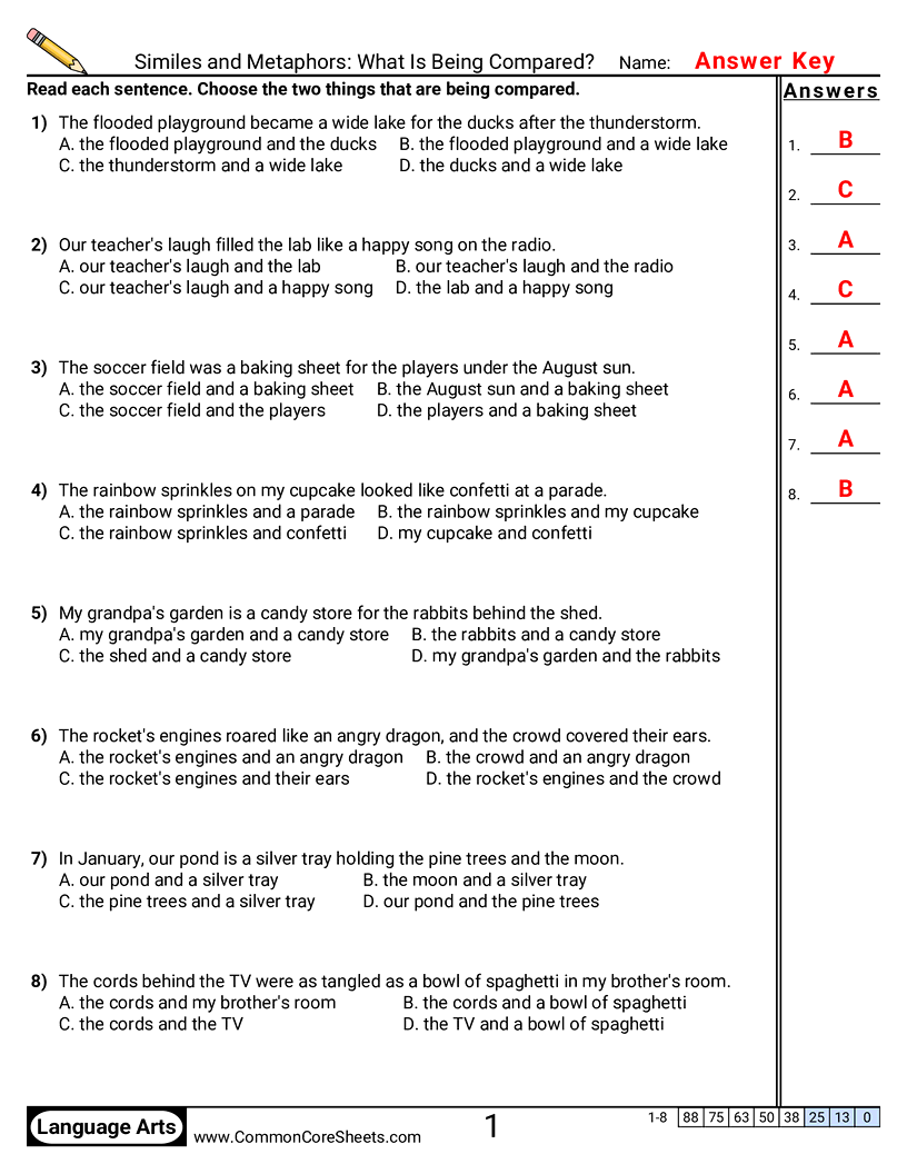 4th Grade Vocabulary Worksheets - Similes and Metaphors: What Is Being Compared? worksheet