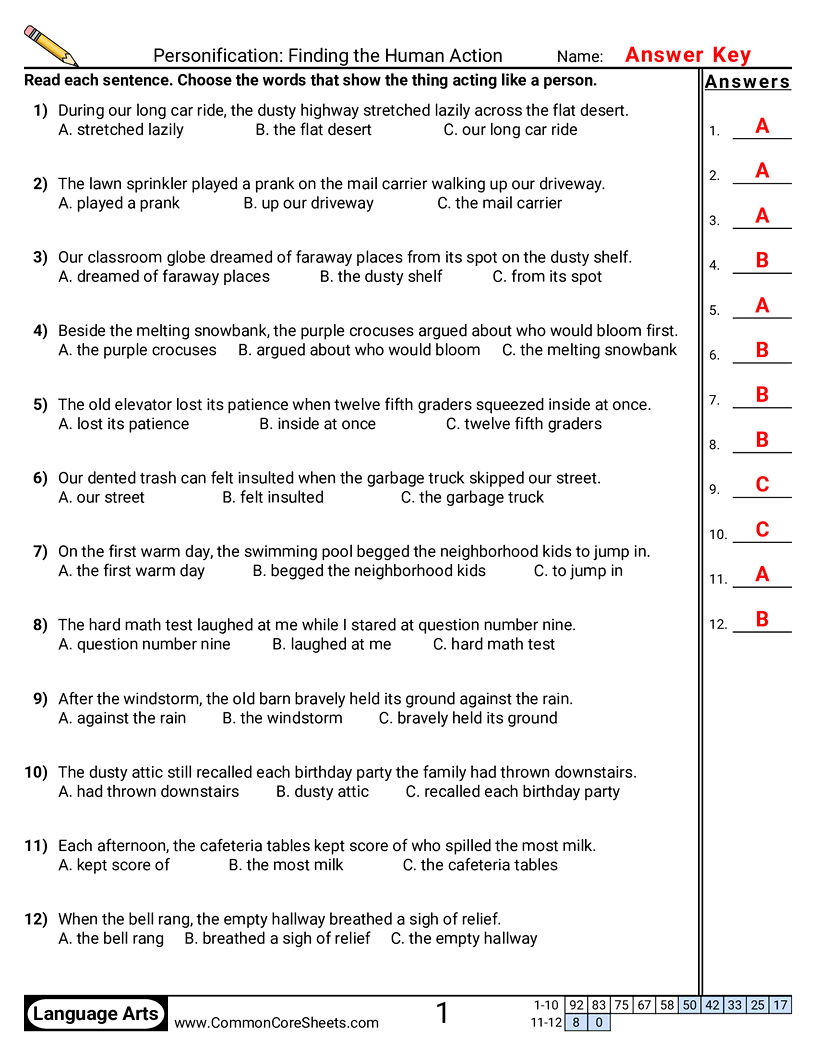 Vocabulary Worksheets - Personification: Finding the Human Action worksheet