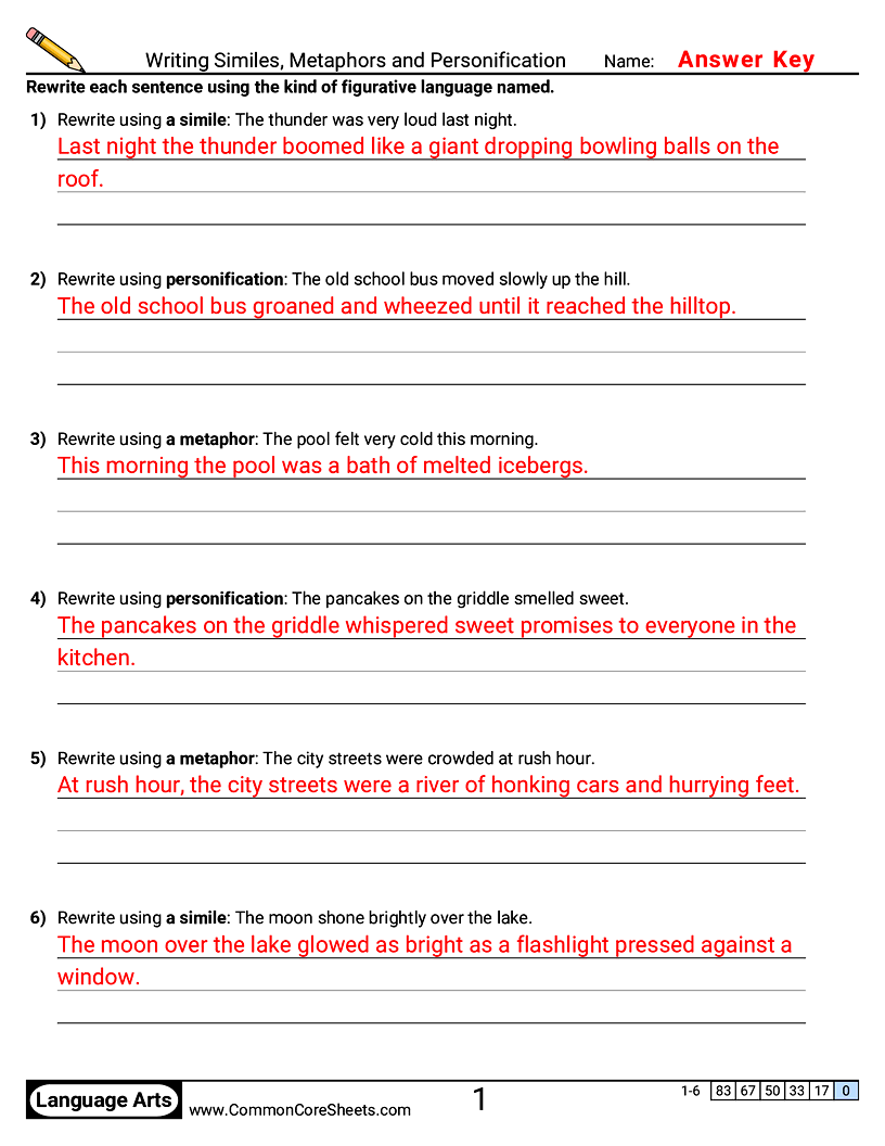 Vocabulary Worksheets - Writing Similes, Metaphors and Personification worksheet