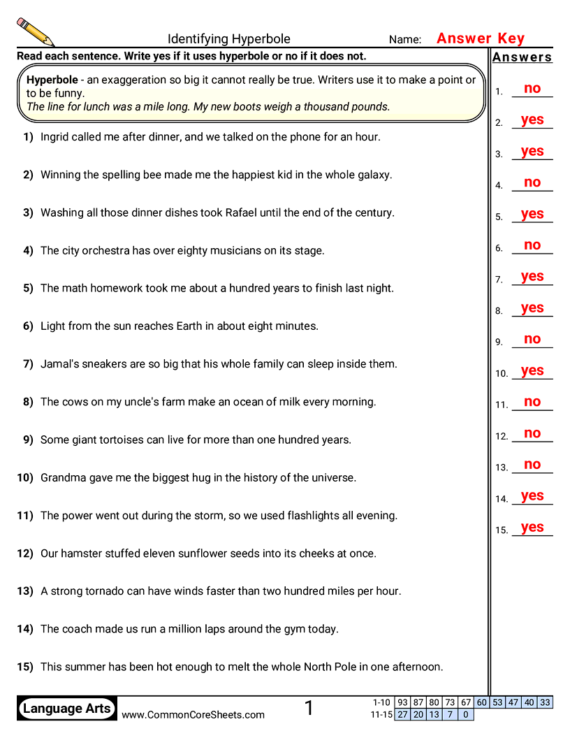 Identifying Hyperbole worksheet preview