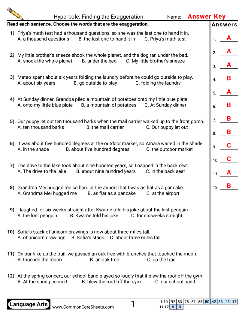 Hyperbole: Finding the Exaggeration worksheet preview
