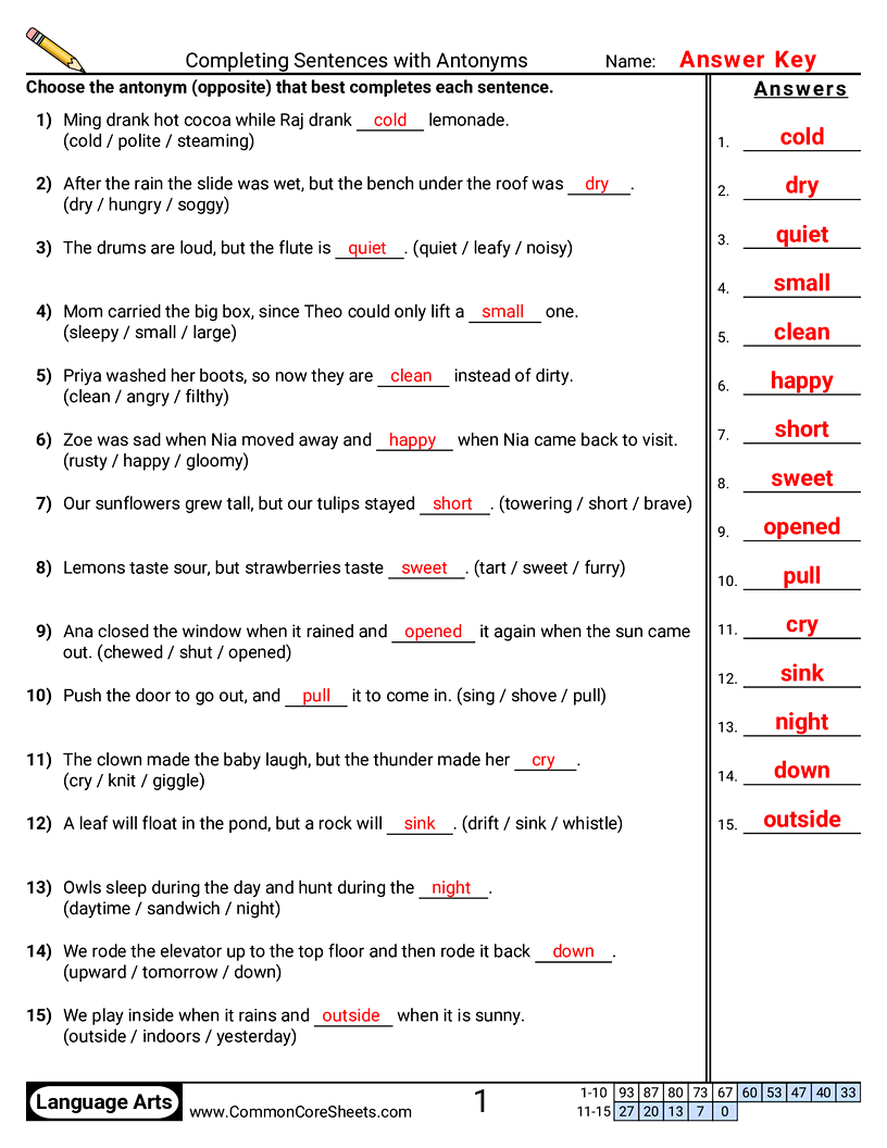 4th Grade Vocabulary Worksheets - Completing Sentences with Antonyms worksheet