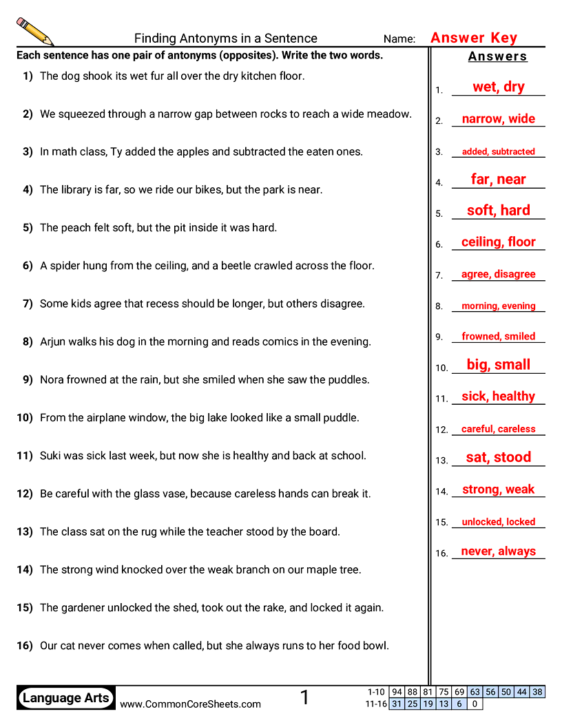 4th Grade Vocabulary Worksheets - Finding Antonyms in a Sentence worksheet