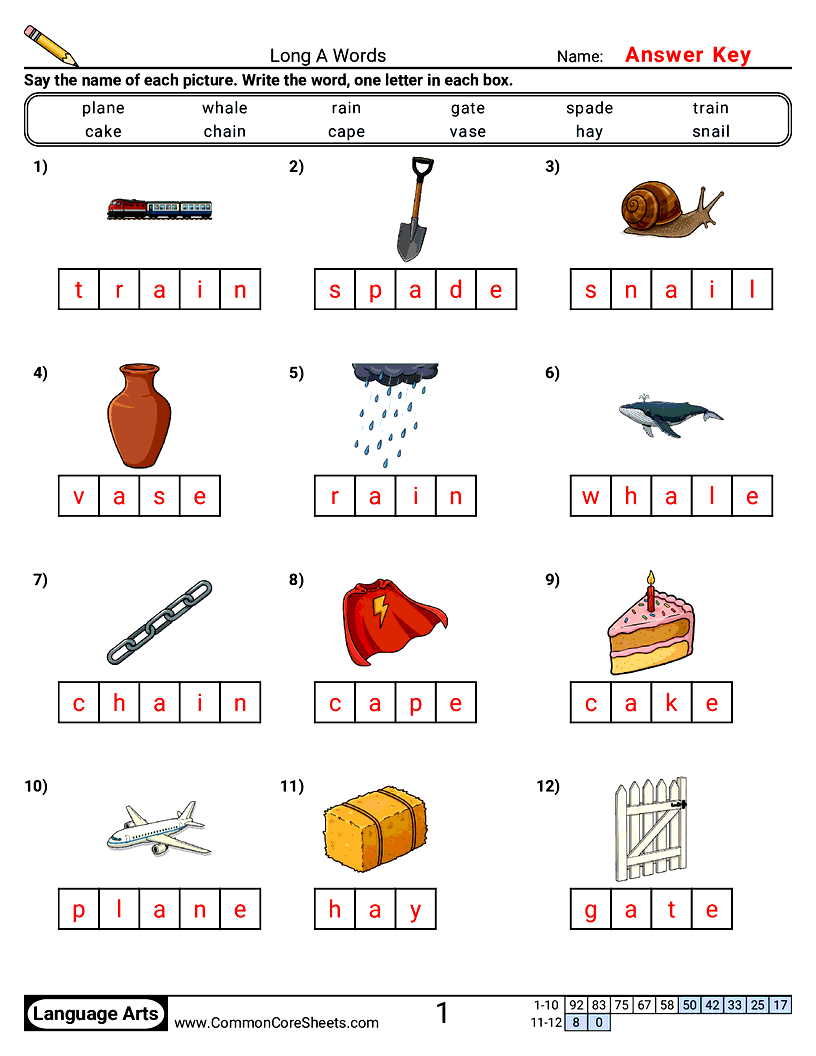 Long Vowel Words Phonics Worksheets - Long A Words worksheet