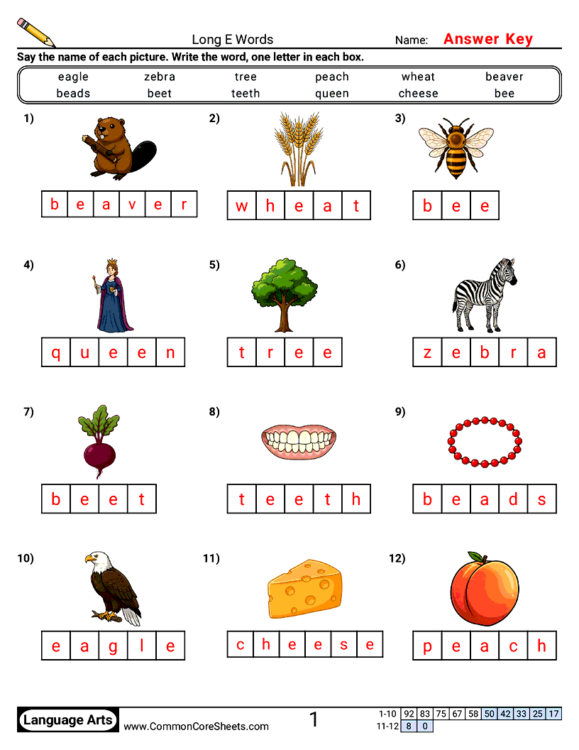 Long Vowel Words Phonics Worksheets - Long E Words worksheet
