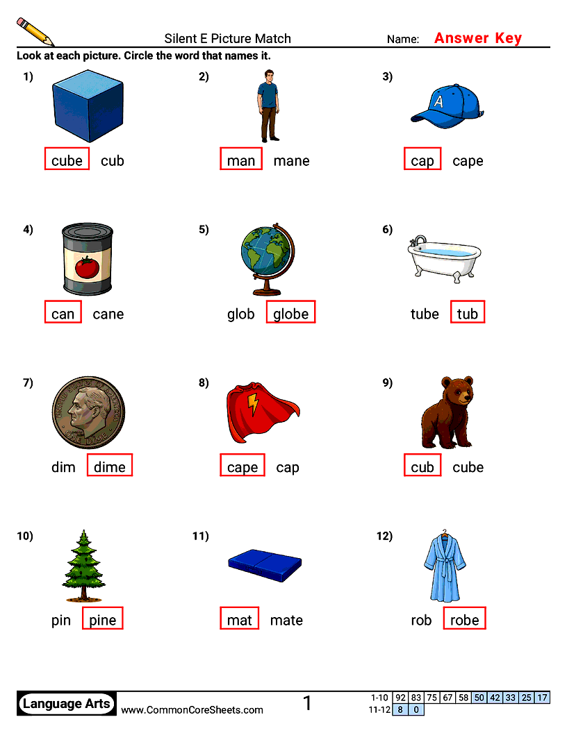 Silent E Picture Match worksheet preview