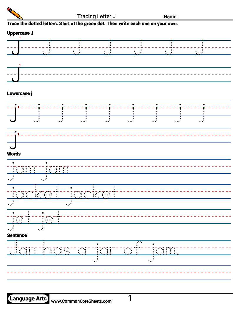 Handwriting Worksheets - Tracing Letter J worksheet