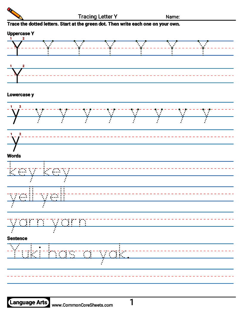 Handwriting Worksheets - Tracing Letter Y worksheet