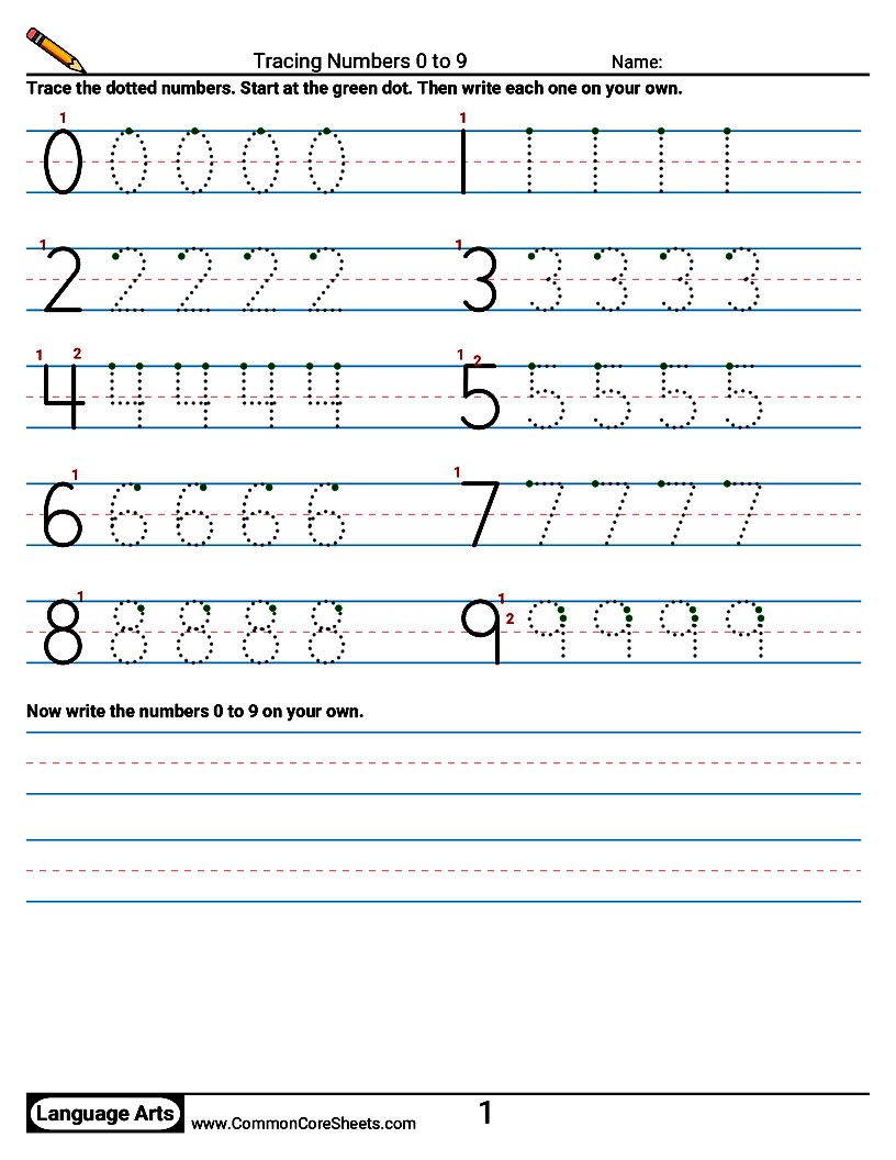 Handwriting Worksheets - Tracing Numbers 0 to 9 worksheet