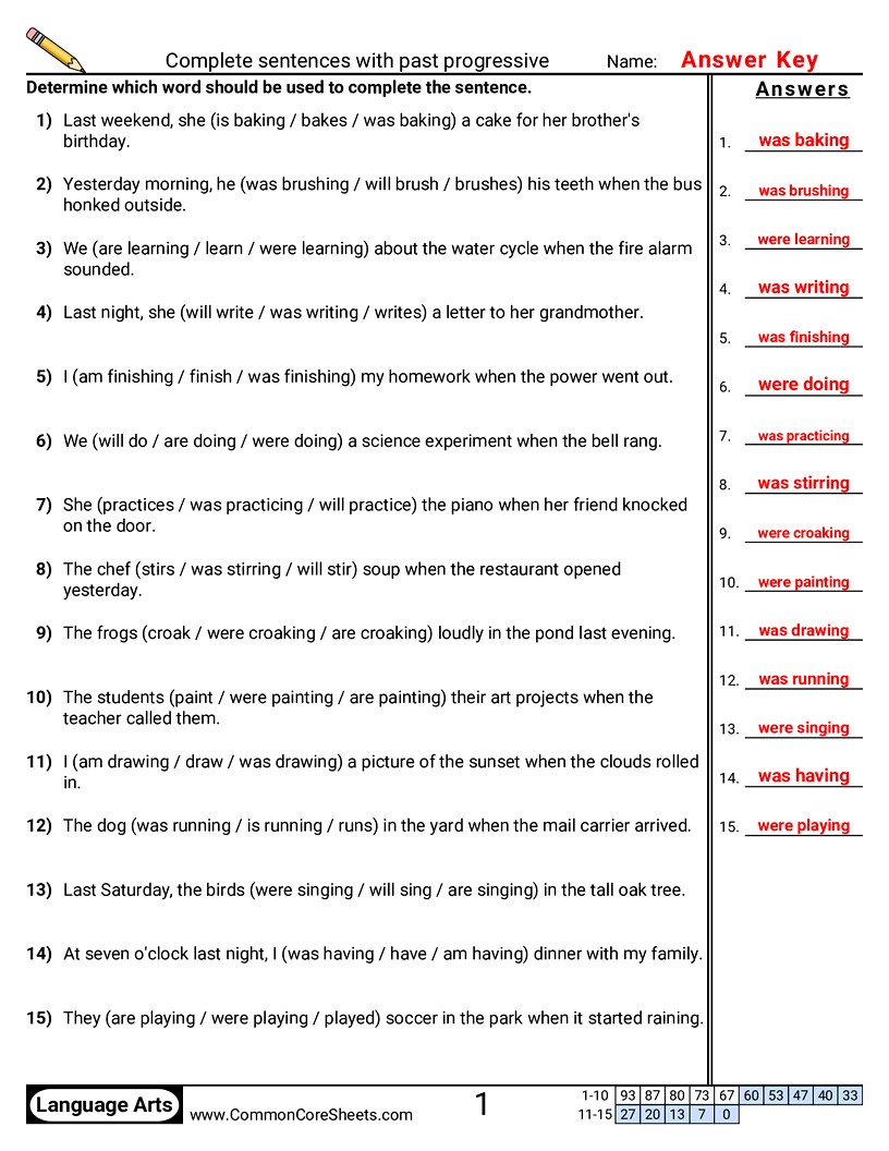 Complete sentences with past progressive worksheet preview