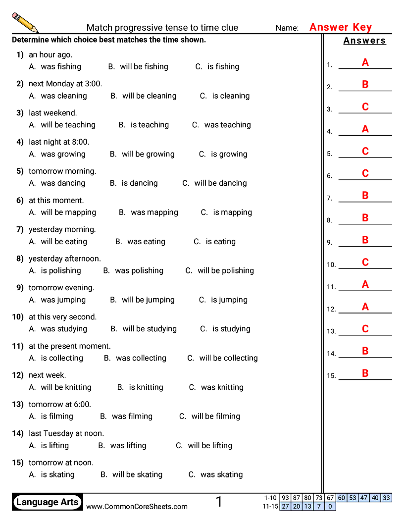 Match progressive tense to time clue worksheet preview