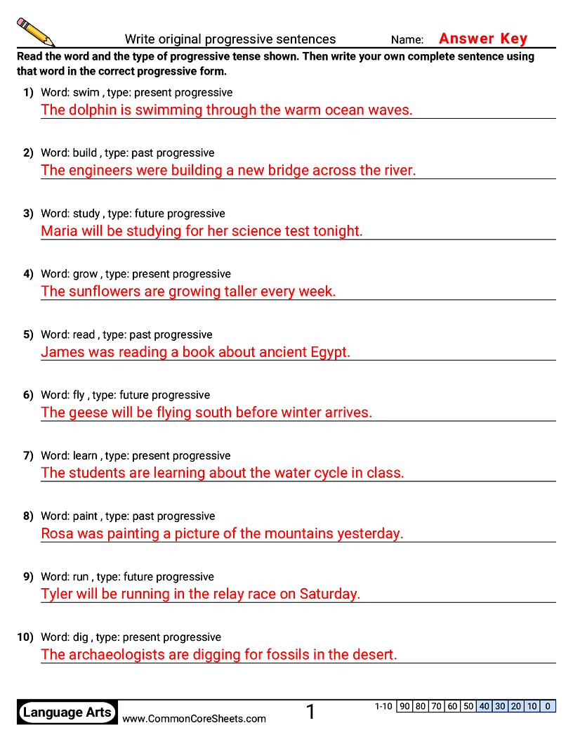 Write original progressive sentences worksheet preview