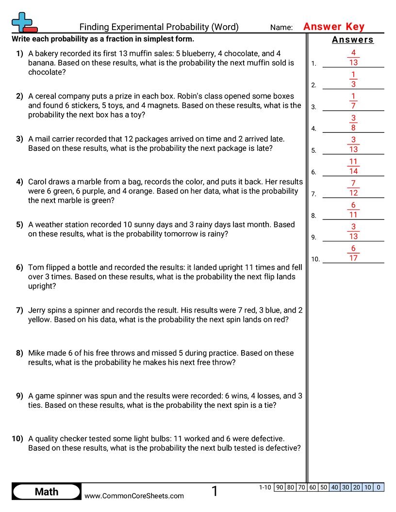 CCSS 7.SP.6 Worksheets - Finding Experimental Probability from Recorded Results (Word Problems) worksheet