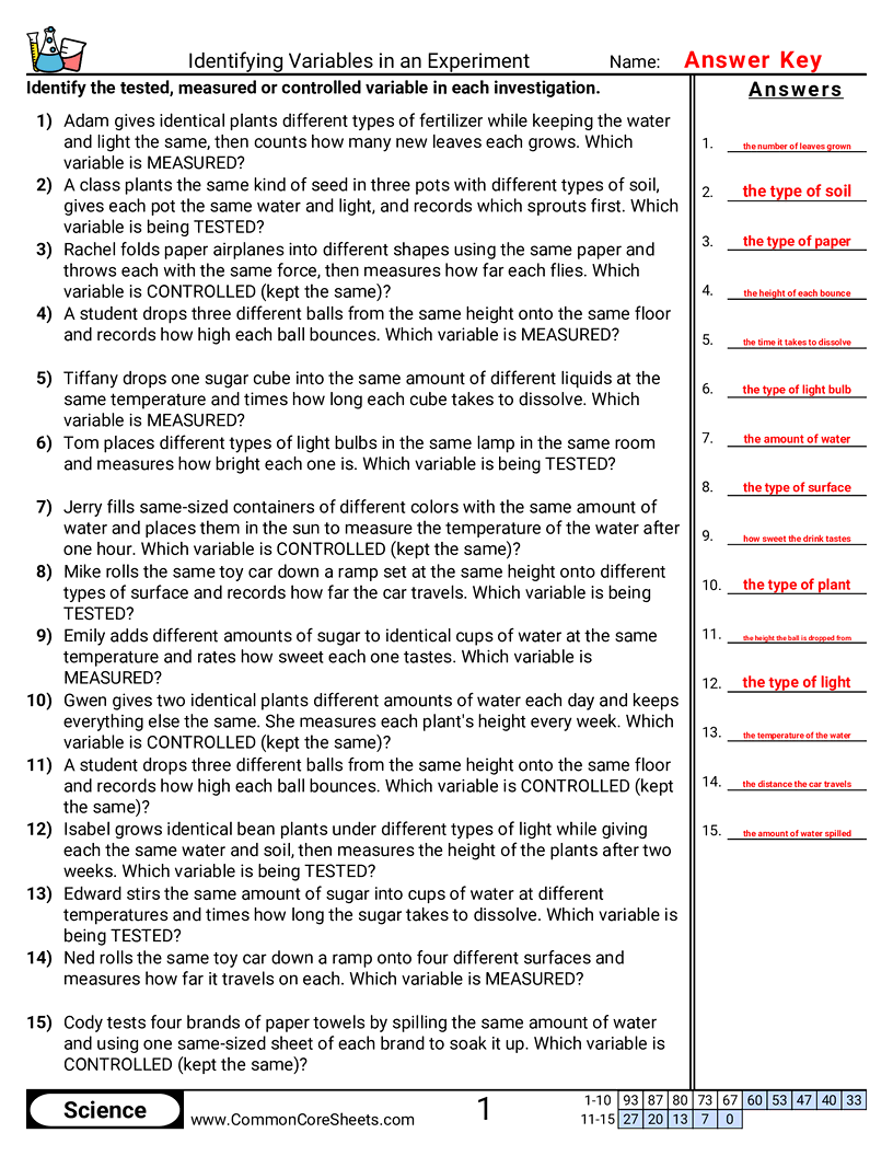 Identifying Tested, Measured and Controlled Variables in Investigations worksheet preview