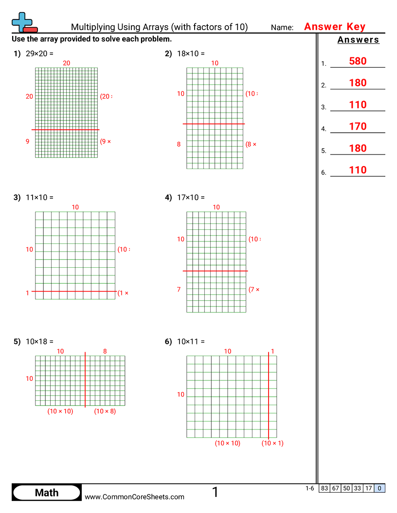 4.N.2.4 Worksheets - multiplying-using-arrays-with-factors-of-10 worksheet