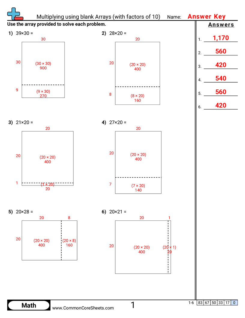 4.N.2.4 Worksheets - multiplying-using-arrays-with-factors-of-10 worksheet