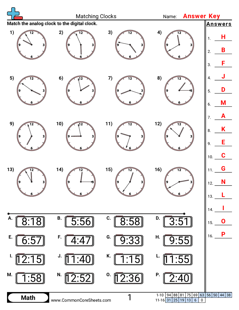Share - matching-clocks-1-minute-increments worksheet