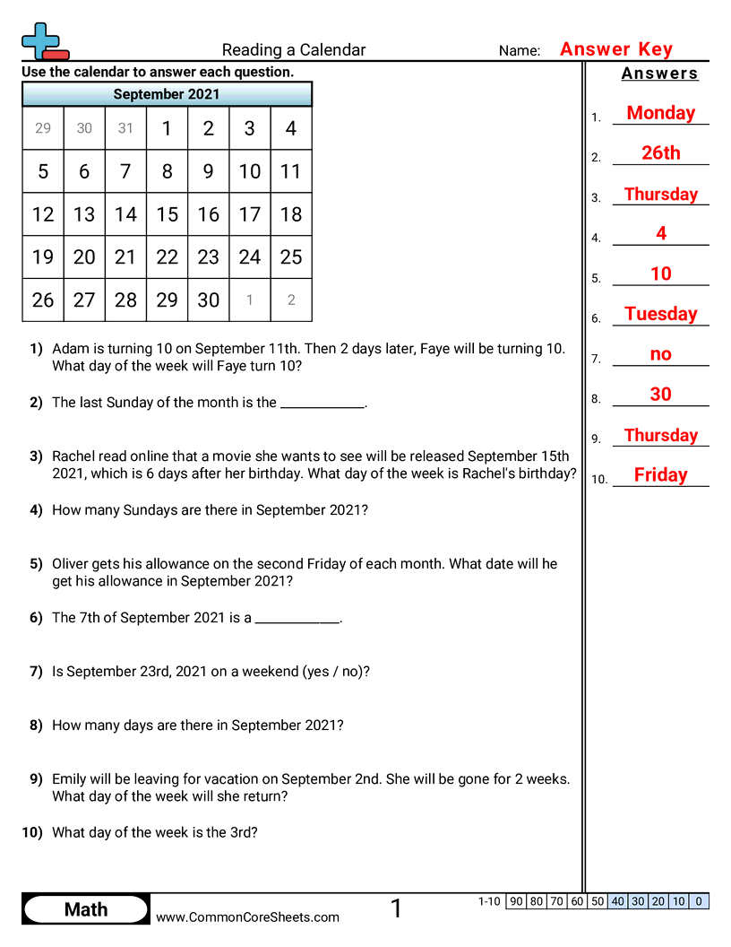Reading a Calendar worksheet preview