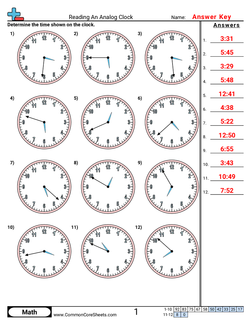 Share - reading-a-clock-1-minute-increments worksheet