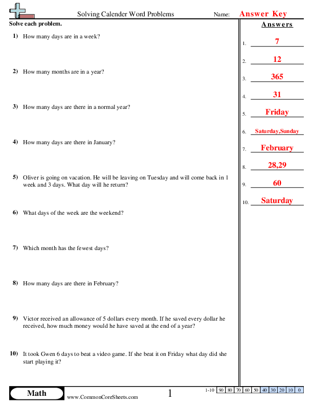  - solving-calender-word-problems worksheet