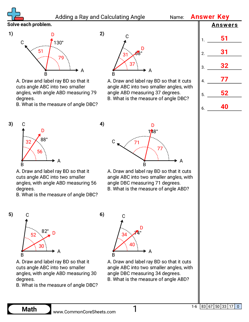 4.GM.2.1 Worksheets - adding-a-ray-and-calculating-angle worksheet