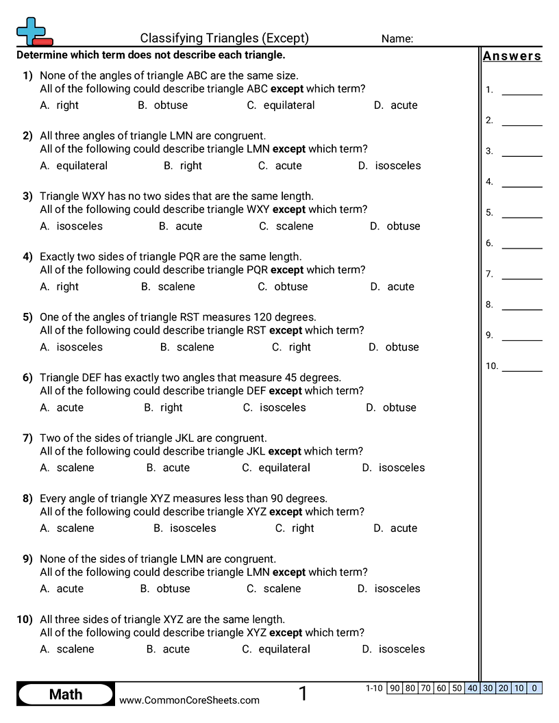 Classifying Triangles (Except) worksheet