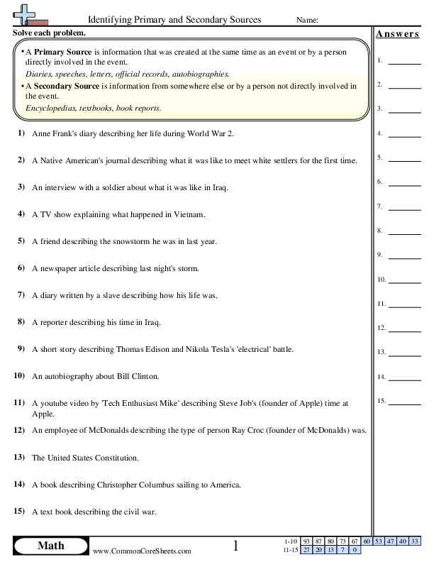 Identifying Primary And Secondary Sources Worksheet Download