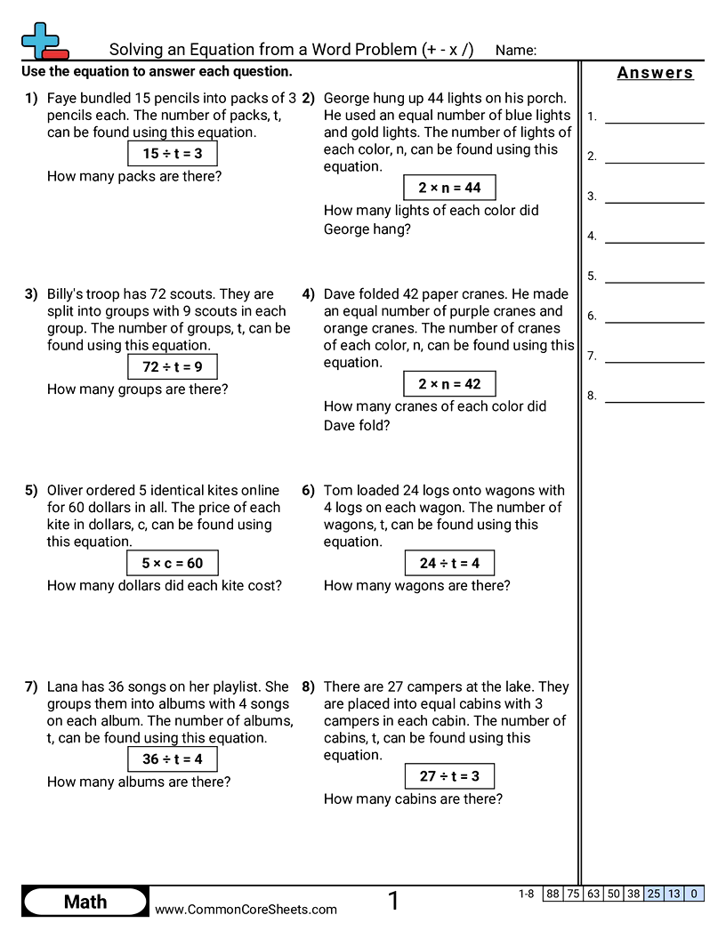 Solving an Equation from a Word Problem (All Operations) worksheet