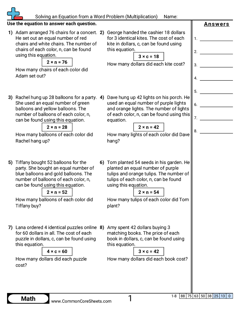 Solving an Equation from a Word Problem (Multiplication) worksheet