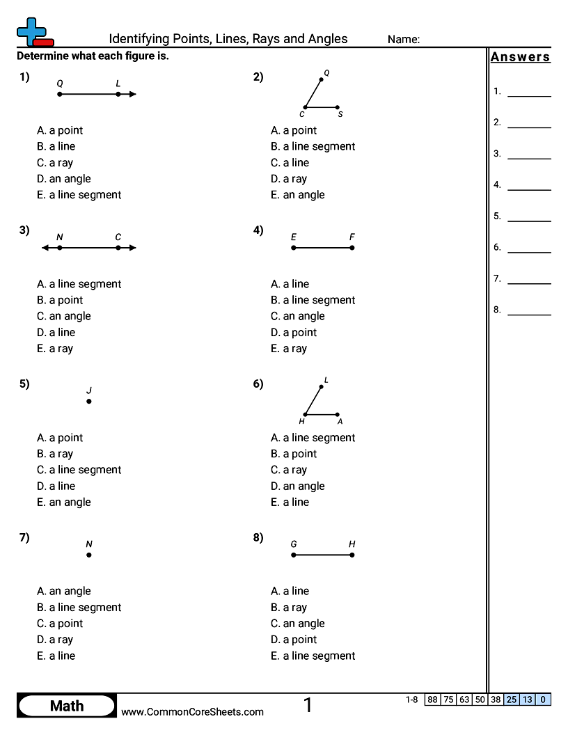 Identifying Points, Lines, Rays and Angles worksheet