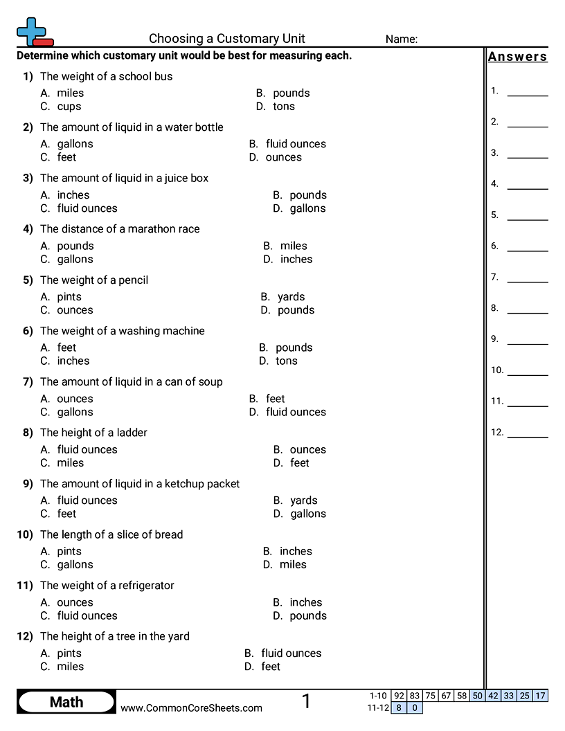 Choosing a Customary Unit worksheet
