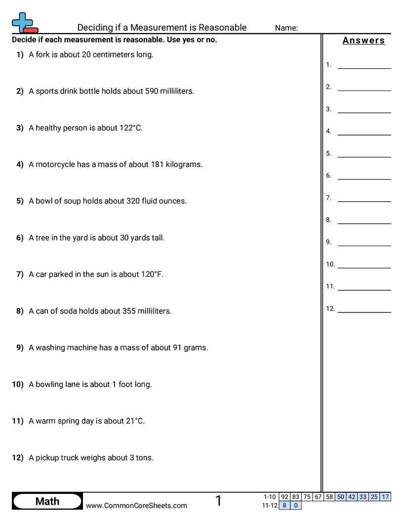 Deciding if a Measurement is Reasonable worksheet