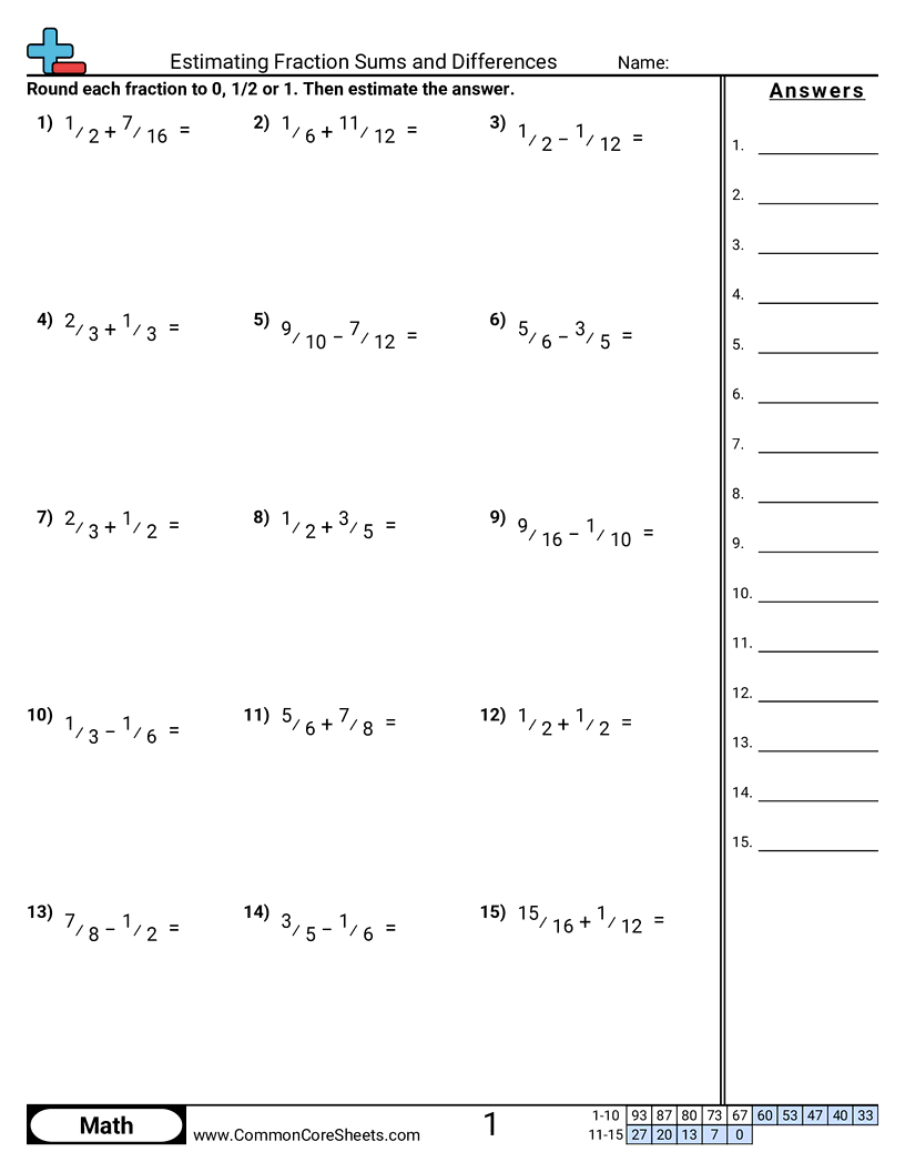 Estimating Fraction Sums and Differences worksheet