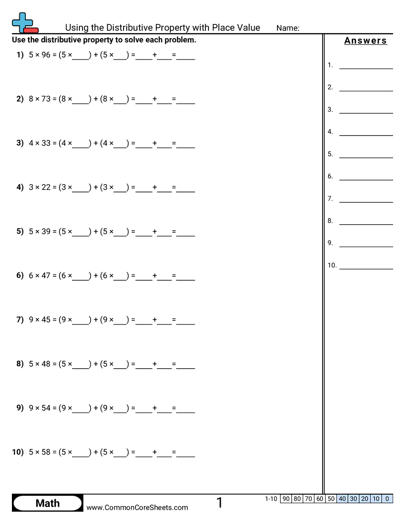 Using the Distributive Property with Place Value worksheet
